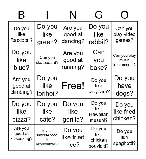 Question Bingo Card
