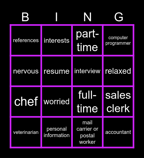 ESL 603 - Unit 4 Bingo Card