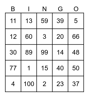 Number Bingo Card