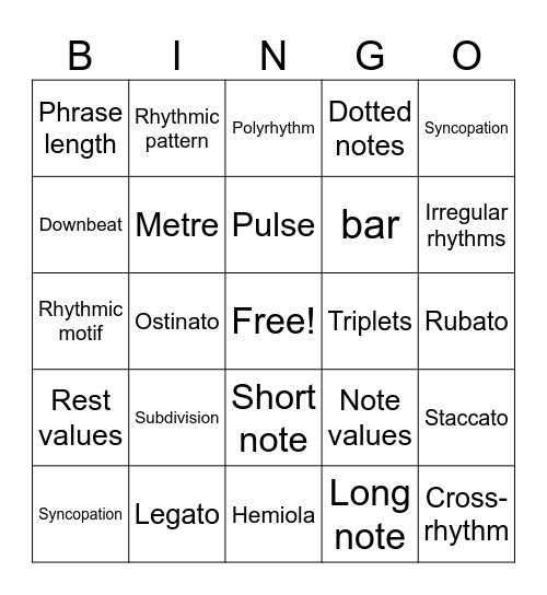 Duration Bingo Card