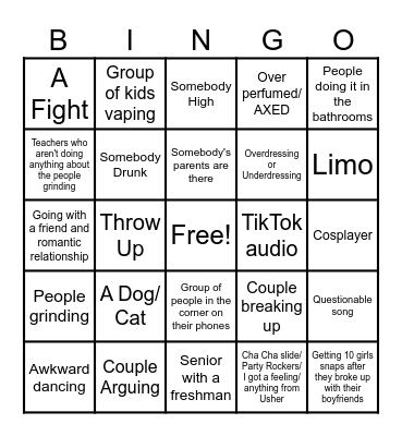 Prom Bingo Card