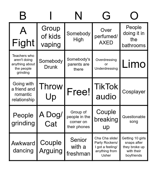 Prom Bingo Card