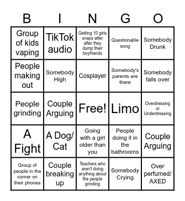 Prom Bingo Card