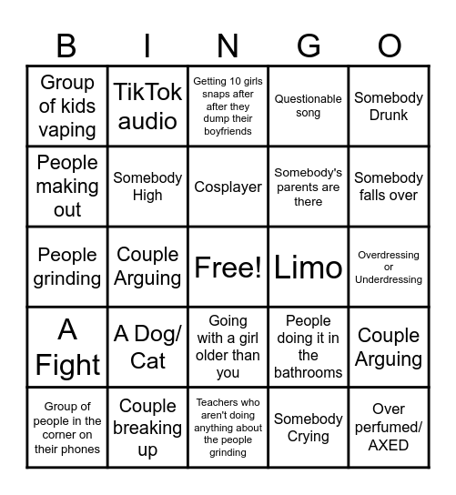 Prom Bingo Card
