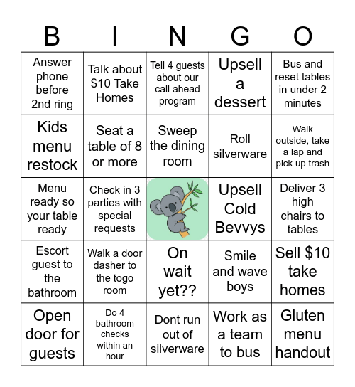 Outback Host/Busser Bingo Card