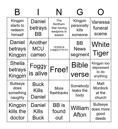 Daredevil Born Again Season 2 Episode 6 Bingo Card