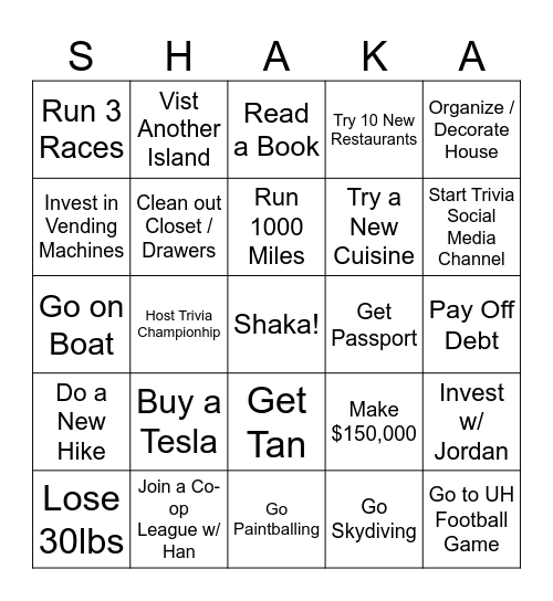 2026 Bingo Bucket List Bingo Card