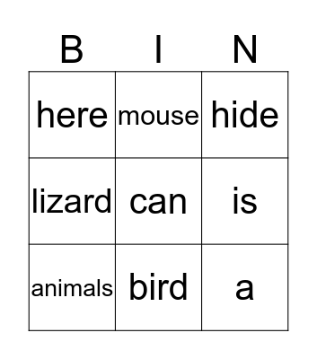 ANIMALS HIDE Bingo Card