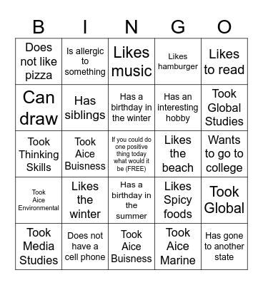 Ice Breaker Adolescent Bingo Card