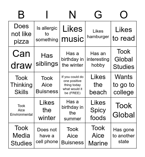 Ice Breaker Adolescent Bingo Card