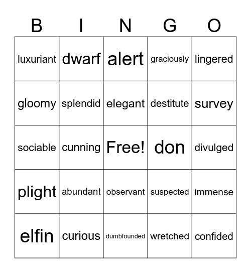 Vocabulary 4th grade Bingo Card