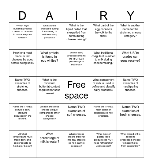 Ch. 37 Dairy & Egg I.D. Bingo Card
