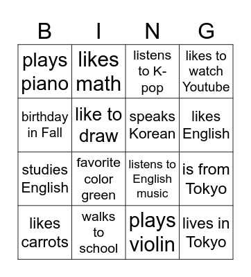 Classmate Bingo Card