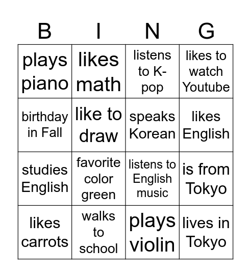 Classmate Bingo Card