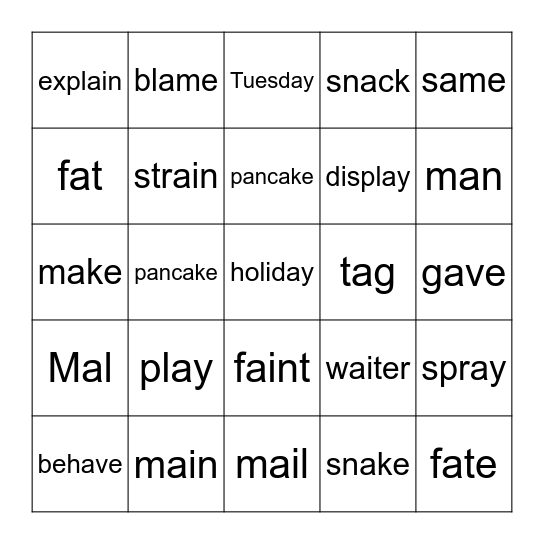 Long Vowel "a" and short vowel "a" Bingo Card