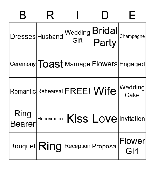 Tanya's Bridal Shower Bingo Card