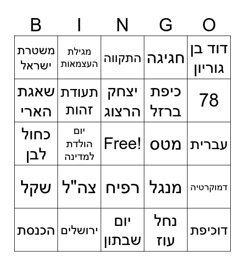 יום העצמאות Bingo Card