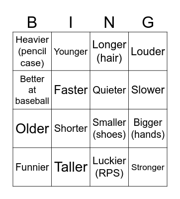Which is Bigger? Bingo Card