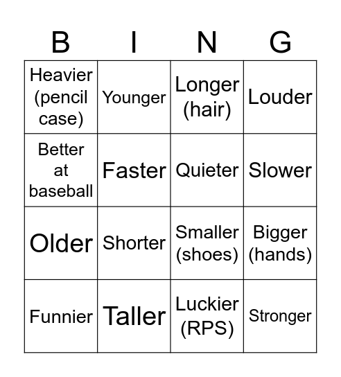 Which is Bigger? Bingo Card