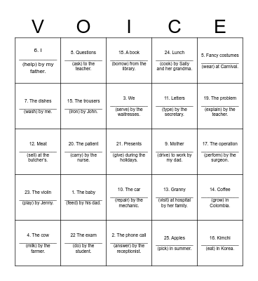 Passive Voice Bingo Card