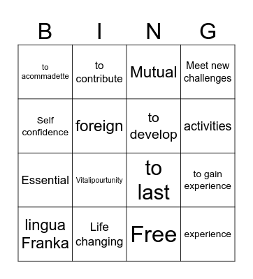 Vocabulary Bingo Card
