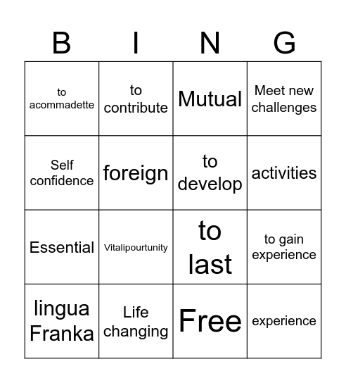 Vocabulary Bingo Card