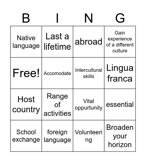 Vocabulary Bingo Card