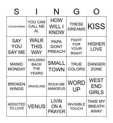 980 POP HITS 1986 Bingo Card