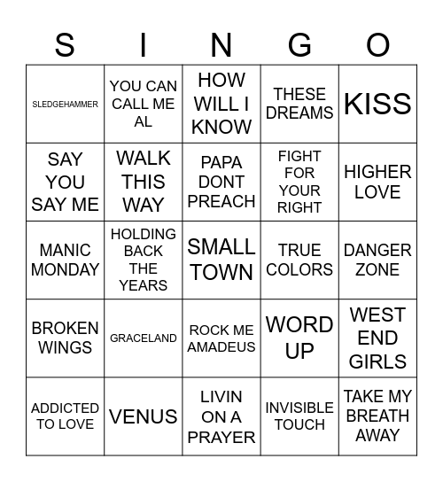 980 POP HITS 1986 Bingo Card