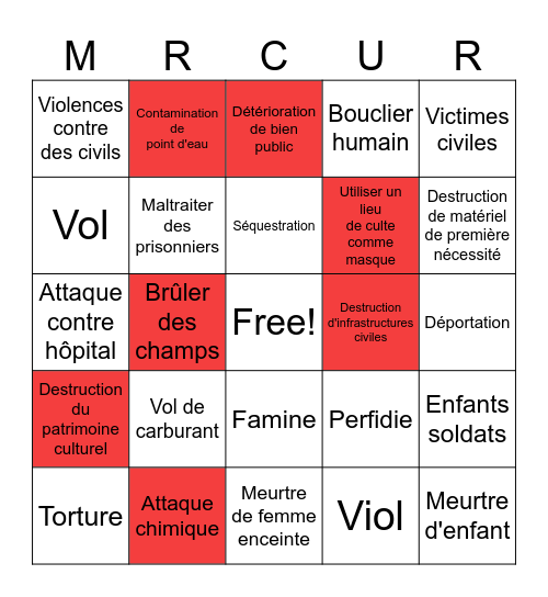Bingo des crimes de guerre madeinMercure Bingo Card