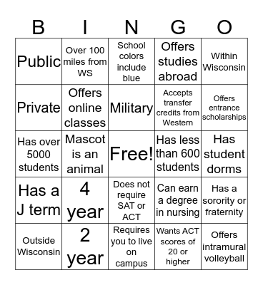 College Fair Bingo Card