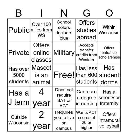 College Fair Bingo Card