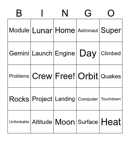 Apollo 11 Bingo Card