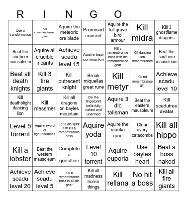 Elden Ring Bingo Card
