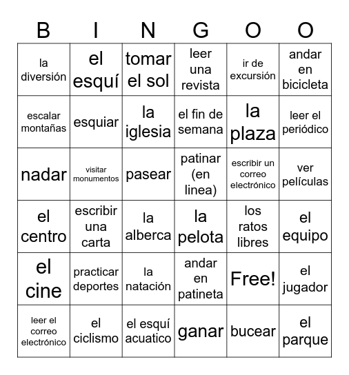 Lesson 4: Los Pasatiempos Bingo Card