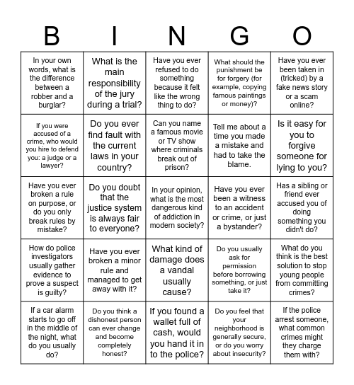 Law and Crime Bingo Card