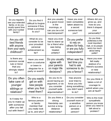 People and Society Bingo Card
