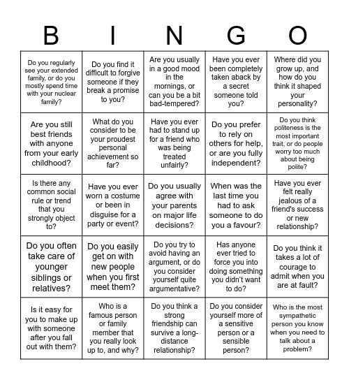 People and Society Bingo Card