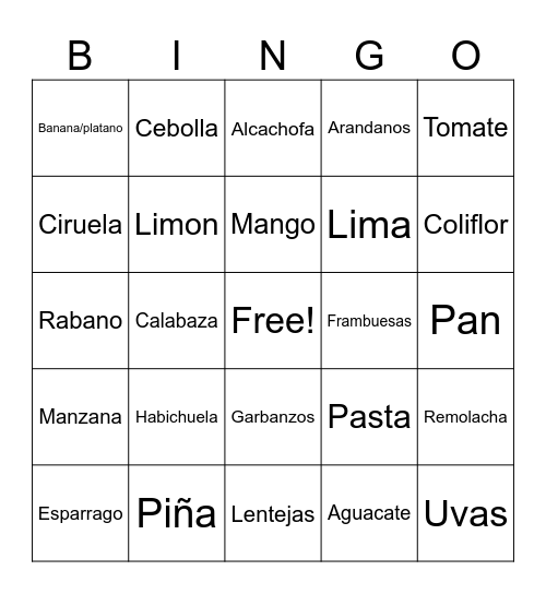 Spanish 1B OSMS: Frutas, verduras, granos, y nueces Bingo Card