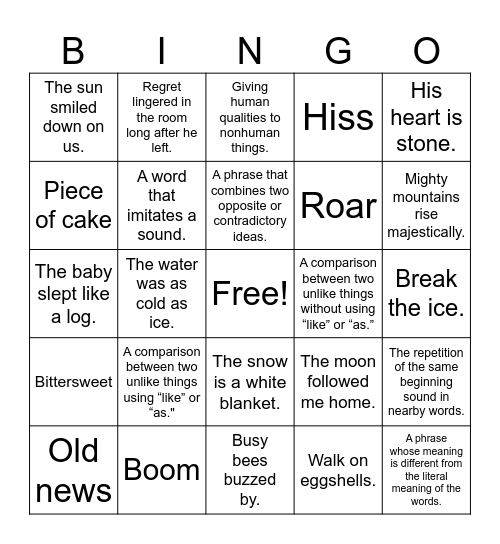 Figurative Language Bingo Card