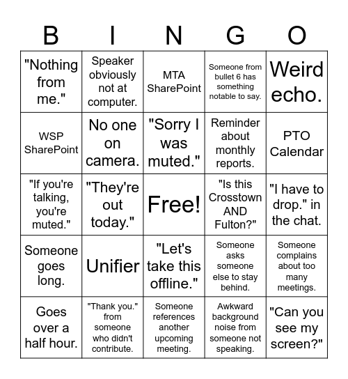 CBTC Weekly Team Meeting Bingo Card