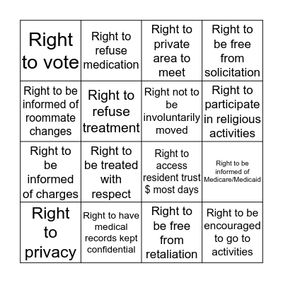 Resident Rights Bingo Card
