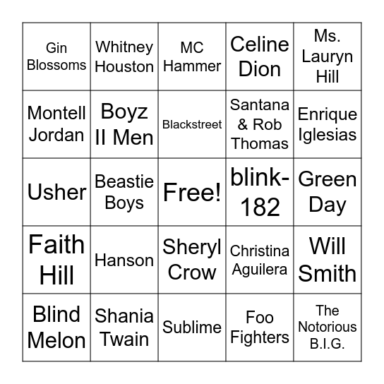 90s Vol. 2 Bingo Card