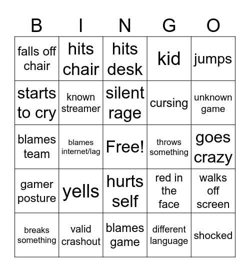 gamer rade bingo Card