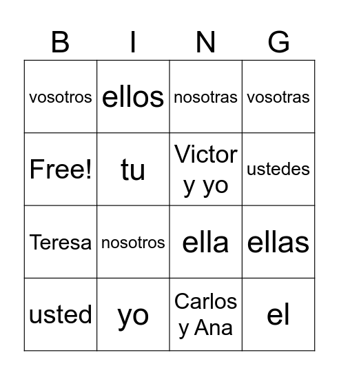 Pronombres Bingo Card