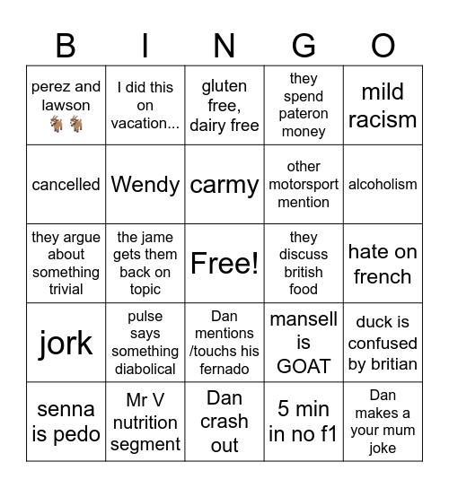 The Crash Happy Pod Bingo Card