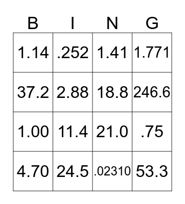 Multiplication with Decimals Bingo Card