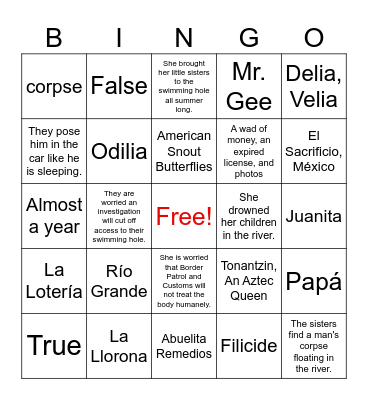 Summer of the Mariposas: Chapters 1-4 Bingo Card
