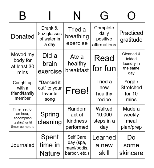 Wellness Bingo Card