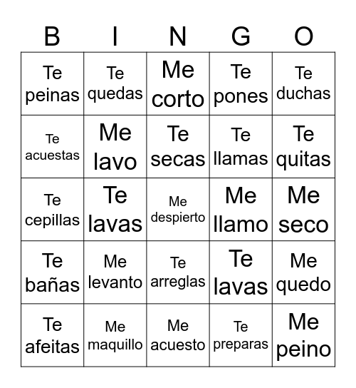 Los Verbos Reflexivos Bingo Card